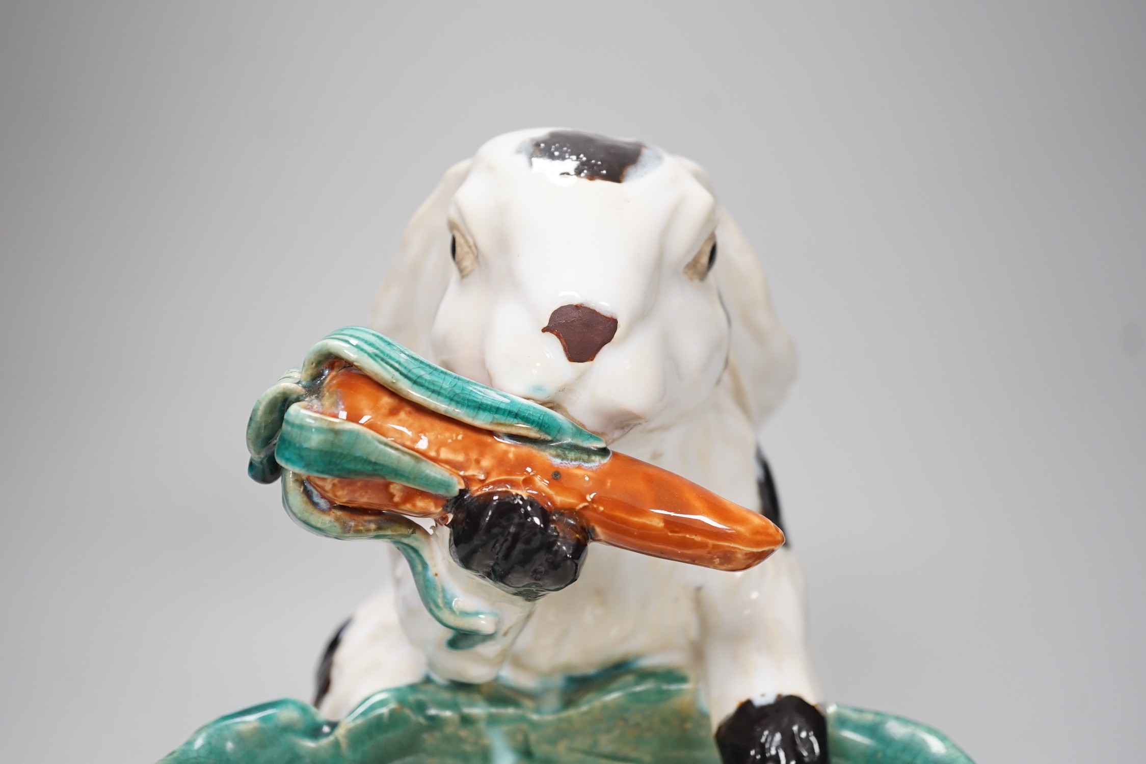 An unusual late 19th century Continental majolica 'rabbit' dish. 26cm high
